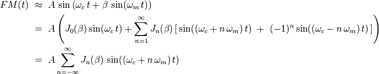 \begin{align}
FM(t)	& \ \approx\ A\,\sin\left(\omega_c\,t + \beta\,\sin(\omega_m\,t)\right) \\
	& \ =\ A\left( J_0(\beta) \sin(\omega_c\,t)
	     + \sum_{n=1}^{\infty} J_n(\beta)\left[\,\sin((\omega_c+n\,\omega_m)\,t)\ +\ (-1)^{n}\sin((\omega_c-n\,\omega_m)\,t)\,\right] \right) \\
	& \ =\ A\sum_{n=-\infty}^{\infty} J_n(\beta)\,\sin((\omega_c+n\,\omega_m)\,t)
\end{align}