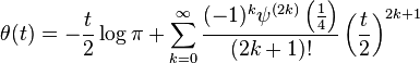 \theta(t) = -\frac{t}{2} \log \pi + \sum_{k=0}^{\infty} \frac{(-1)^k \psi^{(2k)}\left(\frac{1}{4}\right) }{(2k+1)!} \left(\frac{t}{2}\right)^{2k+1}