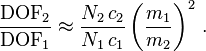  \frac {\mathrm{DOF}_2} {\mathrm{DOF}_1} \approx \frac {N_2 \, c_2} {N_1 \, c_1} \left ( \frac {m_1} {m_2} \right )^2 \,.