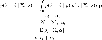 
\begin{align}
p(\tilde{x}=i\mid\mathbb{X},\boldsymbol{\alpha}) &= \int_{\mathbf{p}}p(\tilde{x}=i\mid\mathbf{p})\,p(\mathbf{p}\mid\mathbb{X},\boldsymbol{\alpha})\,\textrm{d}\mathbf{p} \\
&=\, \frac{c_i + \alpha_i}{N+\sum_k \alpha_k} \\
&=\, \mathbb{E}[p_i \mid \mathbb{X},\boldsymbol\alpha] \\
&\propto\, c_i + \alpha_i. \\
\end{align}
