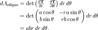 \begin{align}
dA_\text{ellipse} &= \det \begin{pmatrix}
                            \frac{\partial \bold{T}}{\partial r} & \frac{\partial \bold{T}}{\partial \theta}\\
                          \end{pmatrix}
                            \,dr\,d\theta \\
  &= \det \begin{pmatrix}
            a\cos\theta & -ra\sin\theta \\
            b\sin\theta & rb\cos\theta
          \end{pmatrix}
            \,dr\,d\theta \\
  &= abr\,dr\,d\theta.
\end{align}