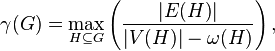  \gamma(G) = \max_{H \subseteq G} \left({{|E(H)}|\over{|V(H)| - \omega(H)}}\right),