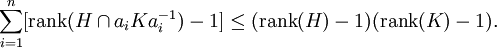 \sum_{i=1}^n [{\rm rank}(H\cap a_iKa_{i}^{-1})-1]  \le ({\rm rank}(H)-1)({\rm rank}(K)-1).