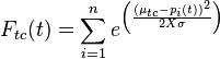 F_{tc}(t) = \sum_{i=1}^n e^  \left (\frac{(\mu_{tc}-p_i(t))^2}{2X\sigma}\right)