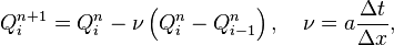  Q^{n+1}_i = Q^n_i - \nu \left( Q^{n}_i - Q^n_{i-1} \right), \quad \nu = a \frac{\Delta t } {\Delta x }, 