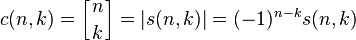 c(n,k)=\left[{n \atop k}\right]=|s(n,k)|=(-1)^{n-k} s(n,k)