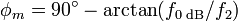  \phi_m = 90 ^\circ - \arctan ( f_\text{0 dB} /f_2) \, 