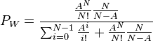 P_W = {{\frac{A^N}{N!} \frac{N}{N - A}} \over \sum_{i=0}^{N-1} \frac{A^i}{i!} + \frac{A^N}{N!} \frac{N}{N - A}} \,