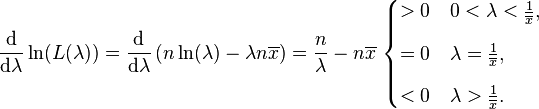\frac{\mathrm{d}}{\mathrm{d}\lambda} \ln (L(\lambda)) = \frac{\mathrm{d}}{\mathrm{d}\lambda} \left( n \ln(\lambda) - \lambda n\overline{x} \right) = \frac{n}{\lambda}-n\overline{x}\ \begin{cases} > 0 & 0 < \lambda < \frac{1}{\overline{x}}, \\[8pt] = 0 & \lambda = \frac{1}{\overline{x}}, \\[8pt] < 0 & \lambda > \frac{1}{\overline{x}}. \end{cases} 