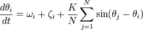 
\frac{d \theta_i}{d t} = \omega_{i}+\zeta_{i}+\dfrac{K}{N}\sum_{j=1}^N\sin(\theta_{j}-\theta_{i})
