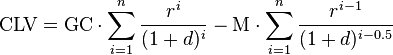 \text{CLV}  = \text{GC} \cdot \sum_{i=1}^n \frac{r^i}{(1+d)^i} - \text{M} \cdot \sum_{i=1}^n \frac{r^{i-1}}{(1+d)^{i-0.5}}