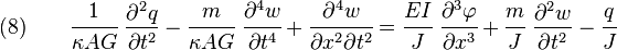 
    (8) \qquad 
    \cfrac{1}{\kappa AG}~\frac{\partial^2 q}{\partial t^2} -\cfrac{m}{\kappa AG}~\cfrac{\partial^4 w}{\partial t^4} + \cfrac{\partial^4 w}{\partial x^2\partial t^2} 
= \cfrac{EI}{J}~\cfrac{\partial^3 \varphi}{\partial x^3} + \cfrac{m}{J}~\frac{\partial^2 w}{\partial t^2} - \cfrac{q}{J}
