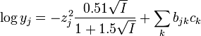 \log y_j= -z_j^2 \frac{0.51 \sqrt I}{1+1.5 \sqrt I}+\sum _k b_{jk} c_k