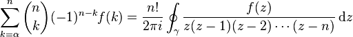 \sum_{k=\alpha}^n {n \choose k} (-1)^{n-k} f(k) = 
\frac{n!}{2\pi i}
\oint_\gamma \frac{f(z)}{z(z-1)(z-2)\cdots(z-n)}\, \mathrm{d}z