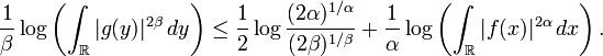 \frac 1\beta \log\left(\int_{\mathbb R} |g(y)|^{2\beta}\,dy\right)
       \le \frac 1 2 \log\frac{(2\alpha)^{1/\alpha}}{(2\beta)^{1/\beta}}
       + \frac 1\alpha \log \left(\int_{\mathbb R} |f(x)|^{2\alpha}\,dx\right).
