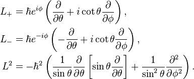 \begin{align}
  L_+ &= \hbar e^{i \phi} \left ( \frac{\partial}{\partial \theta} + i\cot \theta \frac{\partial}{\partial \phi} \right ), \\
  L_- &= \hbar e^{-i \phi} \left ( -\frac{\partial}{\partial \theta} + i\cot \theta \frac{\partial}{\partial \phi} \right ), \\
  L^2 &= -\hbar^2 \left(\frac{1}{\sin\theta}\frac{\partial}{\partial \theta} \left[\sin\theta \frac{\partial}{\partial \theta}\right] + \frac{1}{\sin^2\theta}\frac{\partial^2}{\partial \phi^2}\right).
\end{align} 
