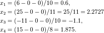 
\begin{align}
x_1 & = (6 - 0 - 0) / 10 = 0.6, \\
x_2 & = (25 - 0 - 0) / 11 = 25/11 = 2.2727 \\
x_3 & = (-11 - 0 - 0) / 10 = -1.1,\\ 
x_4 & = (15 - 0 - 0) / 8 = 1.875.
\end{align}
