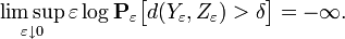 \limsup_{\varepsilon \downarrow 0} \varepsilon \log \mathbf{P}_{\varepsilon} \big[ d(Y_{\varepsilon}, Z_{\varepsilon}) > \delta \big] = - \infty.