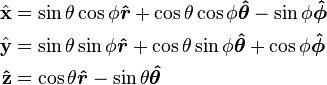 \begin{align}
\hat{\mathbf x} &= \sin\theta\cos\phi\boldsymbol{\hat{r}} + \cos\theta\cos\phi\boldsymbol{\hat{\theta}}-\sin\phi\boldsymbol{\hat{\phi}} \\
\hat{\mathbf y} &= \sin\theta\sin\phi\boldsymbol{\hat{r}} + \cos\theta\sin\phi\boldsymbol{\hat{\theta}}+\cos\phi\boldsymbol{\hat{\phi}} \\
\mathbf{\hat{z}} &= \cos\theta        \boldsymbol{\hat{r}} - \sin\theta        \boldsymbol{\hat{\theta}}
\end{align}