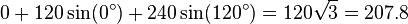 0 + 120 \sin(0^\circ) + 240 \sin(120^\circ) = 120\sqrt{3} = 207.8