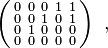 
\left( \begin{smallmatrix} 0\\ 0\\  0 \\ 0 \end{smallmatrix}
\begin{smallmatrix} 0\\ 0\\  1 \\ 0  \end{smallmatrix}
\begin{smallmatrix} 0\\ 1\\ 0  \\ 0 \end{smallmatrix}
\begin{smallmatrix}1 \\ 0 \\ 0  \\ 0 \end{smallmatrix}
 \begin{smallmatrix} 1 \\ 1\\  0 \\ 0 \end{smallmatrix}
\right) \ ,
