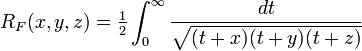 R_F(x,y,z) = \tfrac{1}{2}\int_0^\infty \frac{dt}{\sqrt{(t+x)(t+y)(t+z)}}