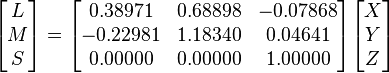 
\begin{bmatrix}
L\\M\\S
\end{bmatrix}
=
\begin{bmatrix}
0.38971 & 0.68898 & -0.07868\\
-0.22981 & 1.18340 & 0.04641\\
0.00000 & 0.00000 & 1.00000
\end{bmatrix}
\begin{bmatrix}
X\\Y\\Z
\end{bmatrix}
