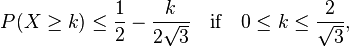  P( X \ge k ) \le \frac{ 1 }{ 2 } - \frac{ k }{ 2 \sqrt{ 3 } } \quad \text{if} \quad 0 \le k \le \frac{ 2 }{ \sqrt{ 3 } },