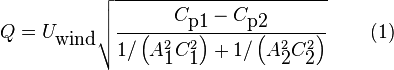 Q = U_{\textrm{wind}}\sqrt{\frac{C_{\textrm{p1}}-C_{\textrm{p2}}}{1/\left(A_{\textrm{1}}^2C_{\textrm{1}}^2\right)+1/\left(A_{\textrm{2}}^2C_{\textrm{2}}^2\right)}}\qquad{}\left(1\right)