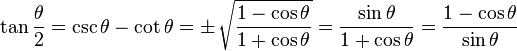  \tan \frac{\theta}{2} = \csc \theta - \cot \theta = \pm\, \sqrt{1 - \cos \theta \over 1 + \cos \theta} = \frac{\sin \theta}{1 + \cos \theta} = \frac{1-\cos \theta}{\sin \theta} 