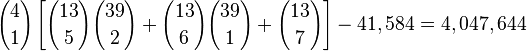 {4 \choose 1}\left[{13 \choose 5}{39 \choose 2} + {13 \choose 6}{39 \choose 1} + {13 \choose 7}\right] - 41,584 = 4,047,644