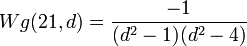 \displaystyle Wg(21,d) = \frac{-1}{(d^2-1)(d^2-4)}