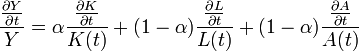 \frac {\frac{ \partial Y}{ \partial t}}{Y} = \alpha \frac{ \frac{ \partial K}{ \partial t} }{K(t)}  + (1 - {\alpha})\frac{  \frac{ \partial L}{ \partial t} } {L(t)} + (1 - {\alpha})\frac{  \frac{ \partial A}{ \partial t} } {A(t)}   