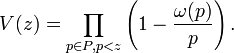 V(z) = \prod_{p \in P, p < z} \left( 1 - \frac{\omega(p)}{p} \right).