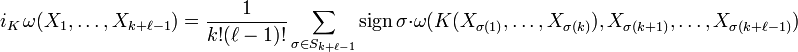 i_K\,\omega(X_1,\dots,X_{k+\ell-1})=\frac{1}{k!(\ell-1)!}\sum_{\sigma\in{S}_{k+\ell-1}}\textrm{sign}\,\sigma \cdot
\omega(K(X_{\sigma(1)},\dots,X_{\sigma(k)}),X_{\sigma(k+1)},\dots,X_{\sigma(k+\ell-1)})
