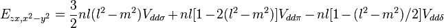 E_{zx,x^2-y^2} = \frac{3}{2} n l (l^2 - m^2) V_{dd\sigma} +
n l [1 - 2(l^2 - m^2)] V_{dd\pi} - n l [1 - (l^2 - m^2) / 2] V_{dd\delta}