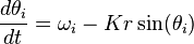  \frac{d \theta_i}{d t} = \omega_i - K r \sin(\theta_i) 