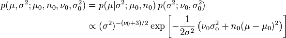 \begin{align}
p(\mu,\sigma^2; \mu_0, n_0, \nu_0,\sigma_0^2) &= p(\mu|\sigma^2; \mu_0, n_0)\,p(\sigma^2; \nu_0,\sigma_0^2) \\
&\propto (\sigma^2)^{-(\nu_0+3)/2} \exp\left[-\frac{1}{2\sigma^2}\left(\nu_0\sigma_0^2 + n_0(\mu-\mu_0)^2\right)\right]
\end{align}