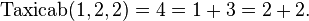 \mathrm{Taxicab}(1, 2, 2) = 4 = 1 + 3 = 2 + 2.