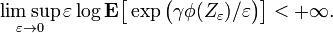 \limsup_{\varepsilon \to 0} \varepsilon \log \mathbf{E} \big[ \exp \big( \gamma \phi(Z_{\varepsilon}) / \varepsilon \big) \big] < + \infty.