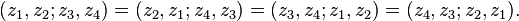 (z_1,z_2;z_3,z_4) = (z_2,z_1;z_4,z_3) = (z_3,z_4;z_1,z_2) = (z_4,z_3;z_2,z_1).\,