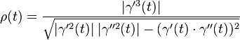 \rho(t) = \frac{|\gamma'^3(t)|}{\sqrt{|\gamma'^2(t)| \; |\gamma''^2(t)| - (\gamma'(t) \cdot \gamma''(t))^2}}