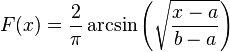 F(x) = \frac{2}{\pi}\arcsin\left(\sqrt \frac{x-a}{b-a} \right)