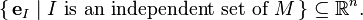 \{\, \mathbf e_I \mid I \text{ is an independent set of } M \,\} \subseteq \mathbb R^n.