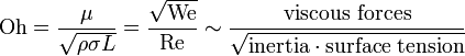  \mathrm{Oh} = \frac{ \mu}{ \sqrt{\rho \sigma L }} = \frac{\sqrt{\mathrm{We}}}{\mathrm{Re}} \sim \frac{\mbox{viscous forces}}{\sqrt{{\mbox{inertia}} \cdot {\mbox{surface tension}}}} 