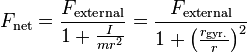 F_\text{net}=\frac{F_{\text{external}}}{1+\frac{I}{mr^2}}=\frac{F_{\text{external}}}{1+\left(\frac{r_\text{gyr.}}{r}\right)^2}