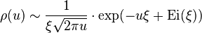 \rho(u)\sim\frac{1}{\xi\sqrt{2\pi u}}\cdot\exp(-u\xi+\operatorname{Ei}(\xi))