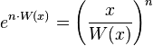 e^{n \cdot W(x)} = \left(\frac{x}{W(x)}\right)^{n}