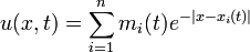 \displaystyle u(x,t)=\sum_{i=1}^n m_i(t) e^{-|x-x_i(t)|}