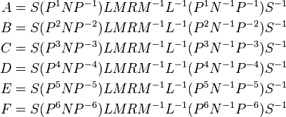 \begin{align}
A &= S (P^{1}NP^{-1}) L M R M^{-1} L^{-1} (P^{1}N^{-1}P^{-1}) S^{-1} \\
B &= S (P^{2}NP^{-2}) L M R M^{-1} L^{-1} (P^{2}N^{-1}P^{-2}) S^{-1} \\
C &= S (P^{3}NP^{-3}) L M R M^{-1} L^{-1} (P^{3}N^{-1}P^{-3}) S^{-1} \\
D &= S (P^{4}NP^{-4}) L M R M^{-1} L^{-1} (P^{4}N^{-1}P^{-4}) S^{-1} \\
E &= S (P^{5}NP^{-5}) L M R M^{-1} L^{-1} (P^{5}N^{-1}P^{-5}) S^{-1} \\
F &= S (P^{6}NP^{-6}) L M R M^{-1} L^{-1} (P^{6}N^{-1}P^{-6}) S^{-1} \\
\end{align}
